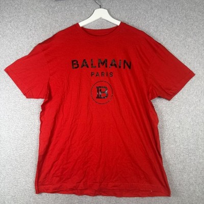 BALMAIN PARIS Logo T-Shirt Unisex Red Cotton Size Large Cotton