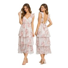 Lulus Dress Burnout Floral Lace Tiered Ruffle White Pink XL Maxi Romantic XL NEW