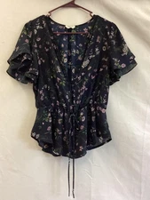 Sienna Sky Blouse Womens Medium Floral Button Up Tie Waist Flutter Sleeve Top