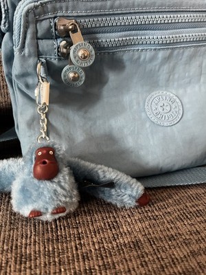 KIPLING Diane Light Blue Nylon Crossbody Bag Monkey Keychain 3 Compartments NWOT