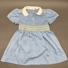 Vintage Love Girls Blue Smocked Chambray Dress Peter Pan Collar Back Tie 70-80s