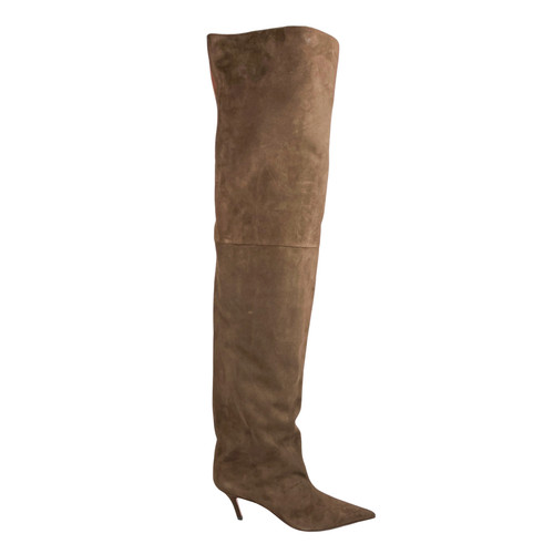Amina Muaddi Fiona Suede Thigh High Boots Womens US 11 Chocolate Leather NWT
