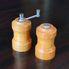 Old Thompson Vintage MCM Oak Salt Shaker & Pepper Grinder Made In USA