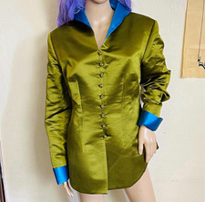 Vintage 90s Pure Silk Olive Green and Cerulean Blue Button Down Jacket Blazer M
