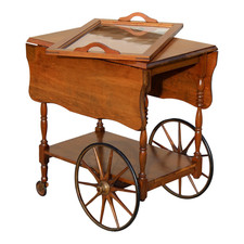 Carro de bar de madera vintage y carrito de té con bandeja de vidrio, lados de hojas caídas
