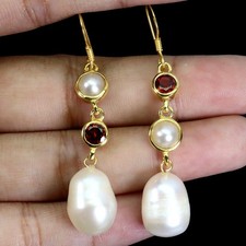 925 Sterling Silver Earrings Round Mozambique Garnet 5mm Pearl Gemstone Jewelry