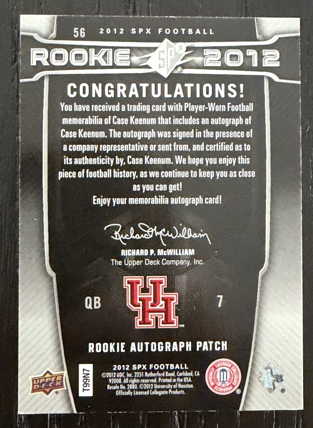 2012 SPx Case Keenum Autograph Game Worn Jersey Patch, Rookie Auto #01/25! view 2