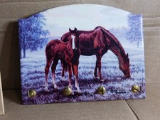 horse-themed wall-mounted key holder, ceramic tile artwork by R. De Wolfe 
