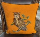 Vintage Owl Needlepoint Throw Pillow Brown Velvet 60s 70s MCM 13x13”
