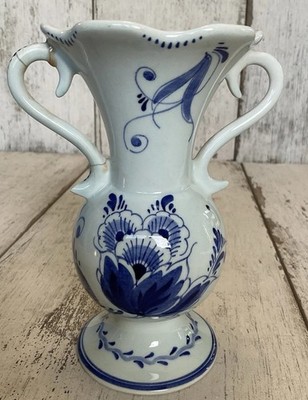 Delft Holland Handpainted Vintage Vase 821 Blue White Double Handle   Repaired