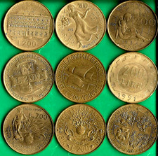 Italia.9 monete.200 lire.1991-1999.