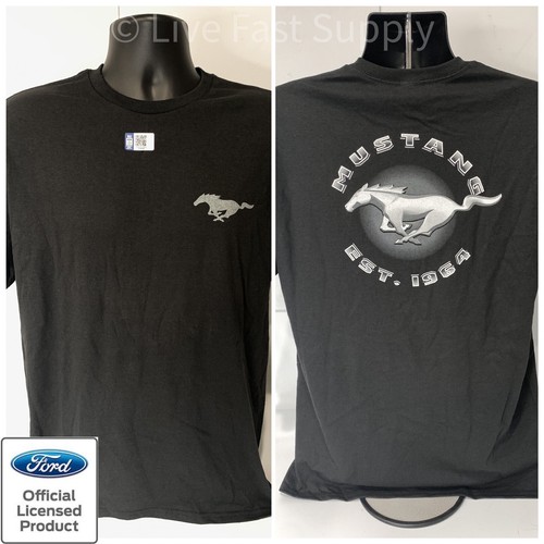 Ford Mustang T-Shirt - Black w/ Running Horse Logo & "Mustang Est 1964" Script - Picture 1 of 5