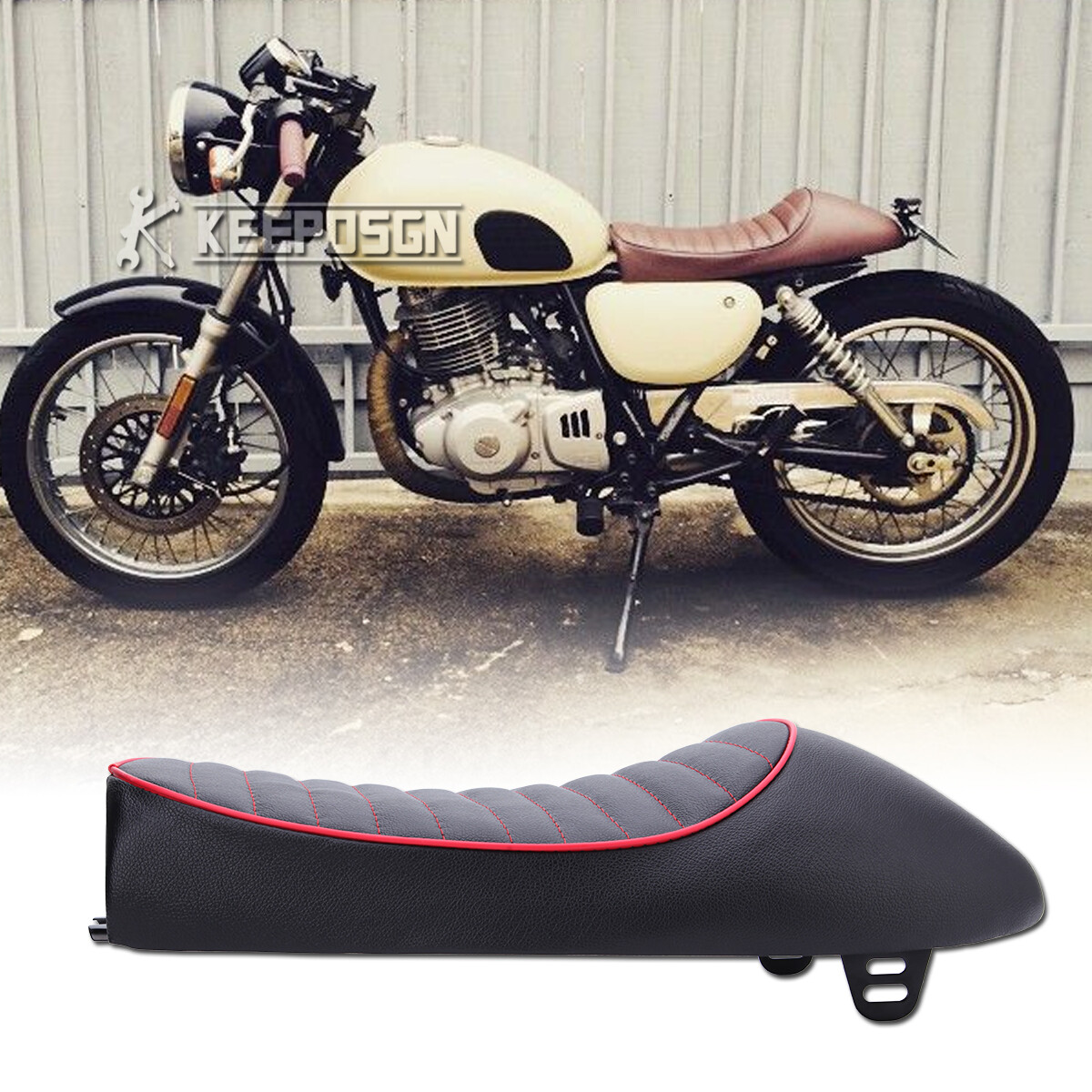 Hump Cafe Racer Saddle Seat Black PU Red-Line For Honda Magna V30