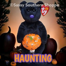 🎃 HAUNTING 🎃 2007 Ty Beanie Babies Black Halloween BEAR w/ PUMPKIN Baby *MWMT*