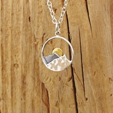 Sterling Silver Mountain Sun Pendant Hammered Necklace Adventure Travel Boxed