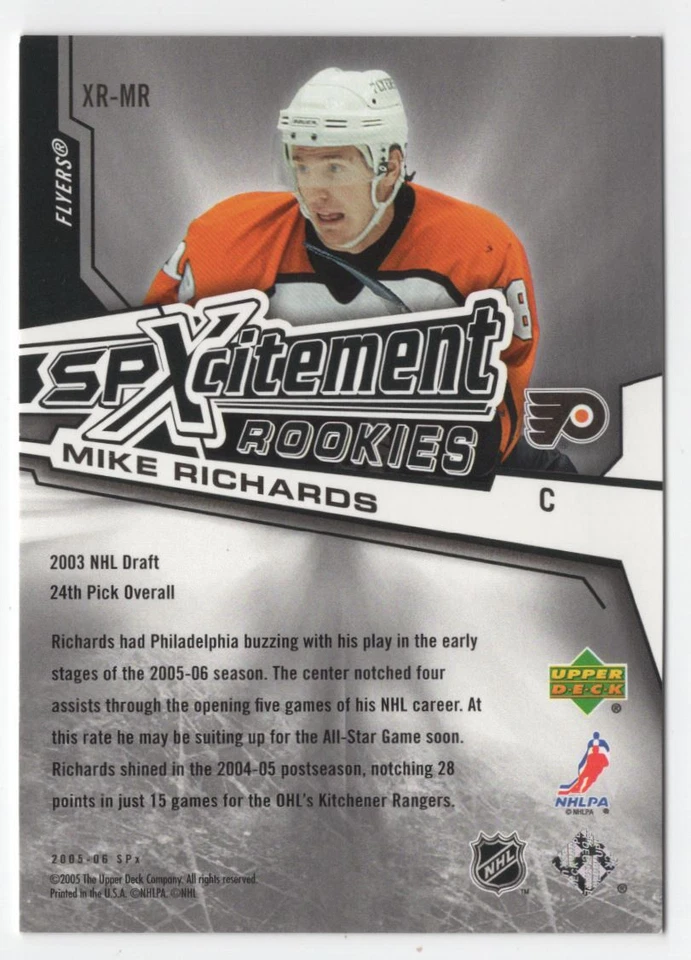 2005-06 SPx Xcitement Rookies Mike Richards /999 Philadelphia Flyers #XR-MR R63 - Image 2 of 2