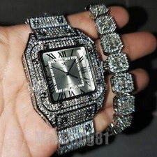 HIP HOP SILVER BLING LUXURY CLUBBING WATCH ICED BAGUETTE CHAIN BRACELET SET