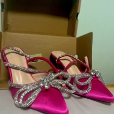 Women’s Double Bow rhinestone Kitten Heel Pumps Satin Shoes Size 5 Sparkle New