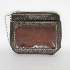 Compact ID Card Wallet Unisex Brown Faux Leather Zipper Pouch Clear Slot Coin