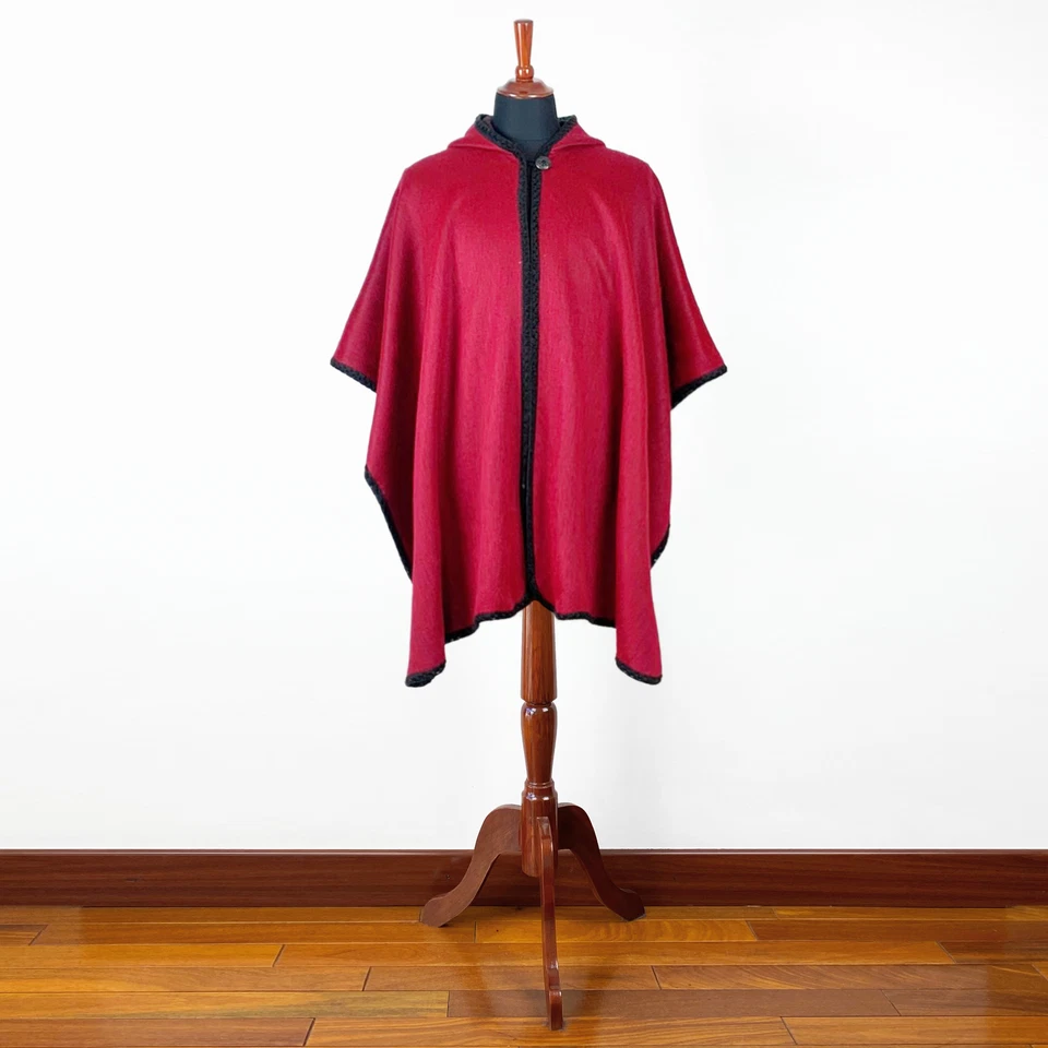 LIGHTWEIGHT BABY ALPACA WOOL HOODED OPEN PONCHO CAPE WRAP UNISEX HANDMADE RED - Image 3 of 4