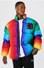 Multi Ombre Badge Oversize Funnel Neck Puffer Men's Size Xs