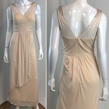 Adrianna Papell 8 Beige Chiffon Jeweled Pleated Draped Flutter Formal Maxi Dress