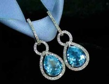 14k White Gold Plated 3Ct Pear Cut Lab-Created Blue Topaz Drop/Dangle Earrings