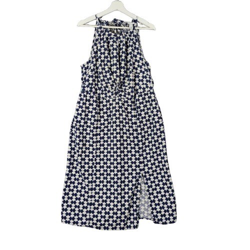 Ava & Viv Linen Halter Midi Dress Geometric Blue Pockets Womens Size XXL Resort - Picture 1 of 9