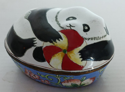 Vintage Enamel Cloisonne trinket box Panda handpainted with Beach Ball