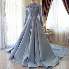 Muslim Wedding Dress High Neck Long Sleeve Formal Ball Dress Lace Sparkling