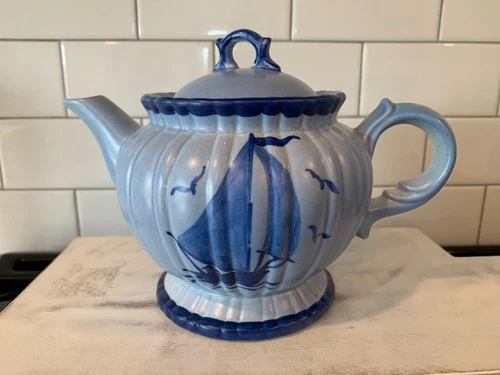 Vintage STANGL "Newport" design Teapot Sailboat & Seagull motif on Blue ceramic