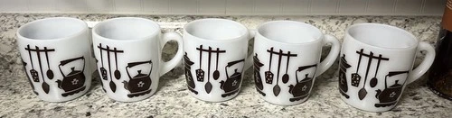 Hazel Atlas Milk Glass Coffee Cup Mug Brown & White Kitchen Aids Pattern set of5