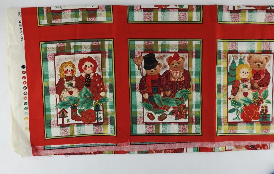 Vintage Christmas Fabric Mistletoe Kisses Teddy Bears Rag Dolls Plaid Quilt Pane - Image 4 of 4