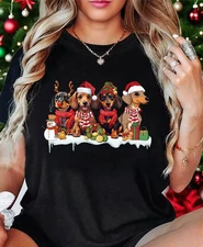 Women's Plus Size Christmas T-Shirt, Christmas Dog with Santa Hats Graphic Tee