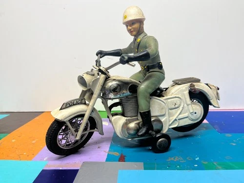 BANDAI Japanese Tin Litho Batt Op 1950s POLICE MOTORCYCLE Honda