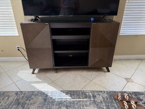 Dark Wood TV Stand Media Console, 2 Door Hinged Cabinet, 4 Shelves