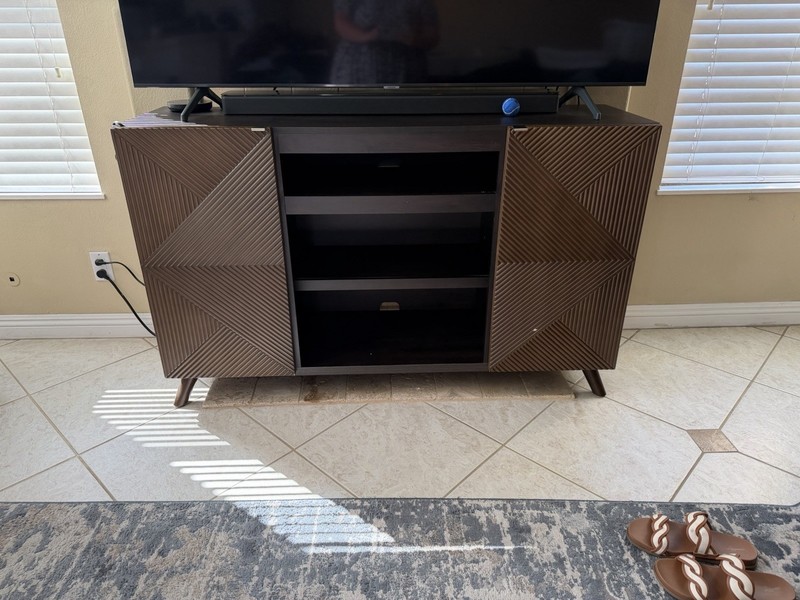 Dark Wood TV Stand Media Console, 2 Door Hinged Cabinet, 4 Shelves