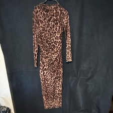 SHEIN Brown Black Leopard Animal Print Ruched Mesh Sheer Stretch Bodycon Midi M