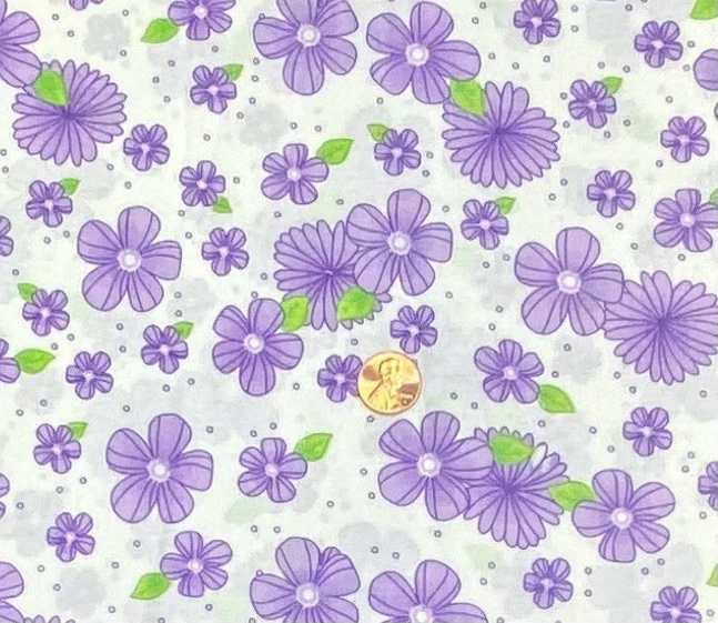 Flores moradas sobre tela de polialgodón blanco, FQ, cuarto de grasa, estampado floral púrpura Foto 4 de 4