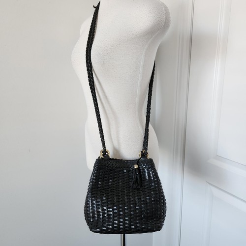 Bolso Bucket Vintage Ann Taylor Cuero Genuino Negro Tejido Cesta Cartera de Hombro - Imagen 5 de 10