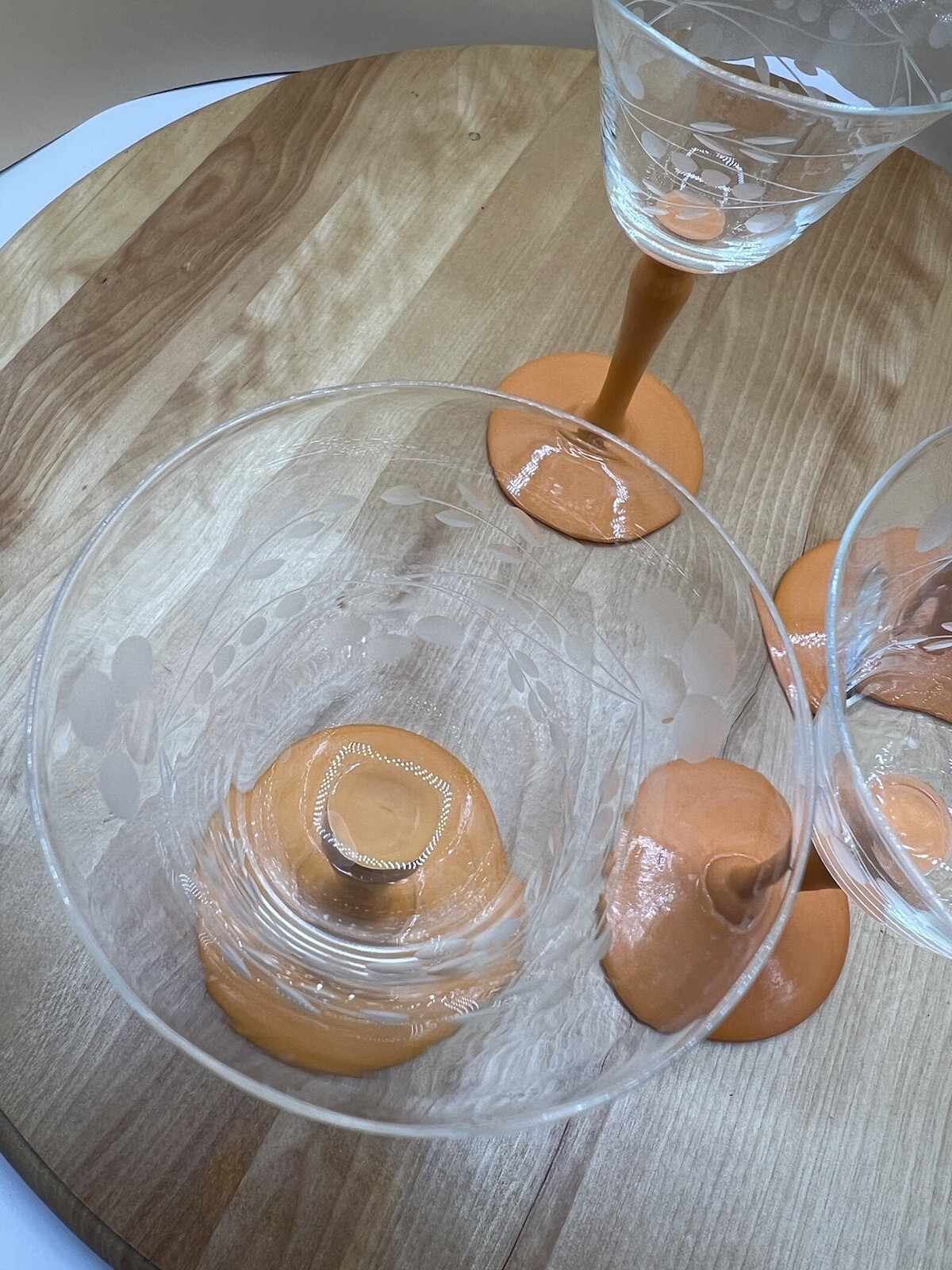 Vintage 70’s Orange Stemware Cordial Wine Glasses Etched Floral Design