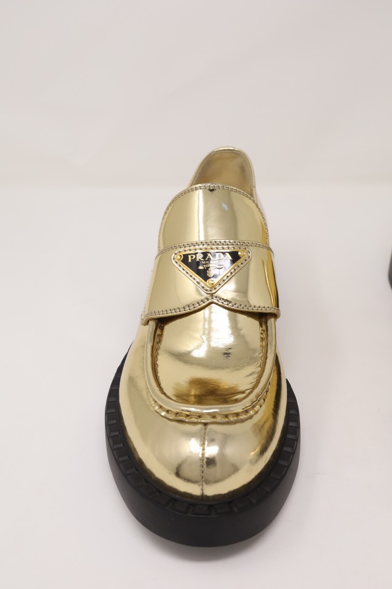 PRADA ゴールド ローファー メタルサイズ36 PRADA Triangular Logo Metallic Leather Chocolate Loafers