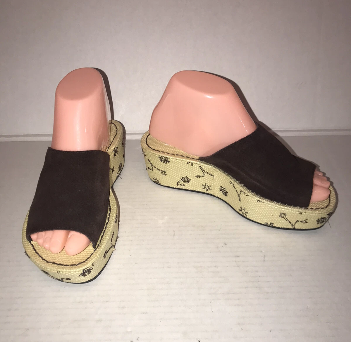 Vtg 90s Y2K Esprit Brown Suede Rattan Platform Slides Sandals Sz 6.5