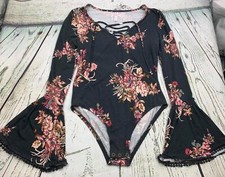 Floral Bodysuit Free Peasant Sleeve Small Lace Up Chest