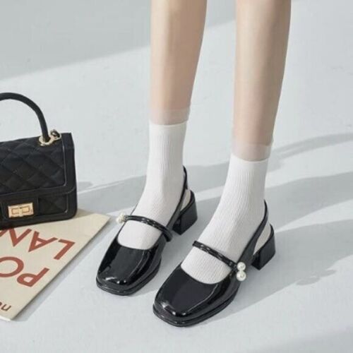 FYS Women's Fashion Square Toe Mary Jane Mid Block Heel Slingback Platform Black