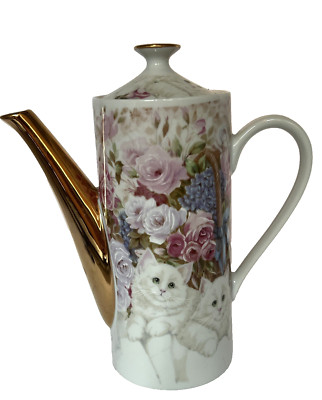 Herman Dodge ''Hues 'N Brews'' White Cat Kitty Kitten Roses Floral Tea Pot