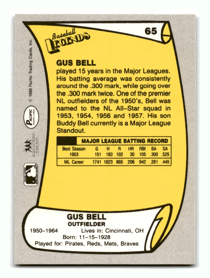 Gus Bell 1988 Pacific Baseball Legends #65 New York Mets Mint - Image 2 of 2