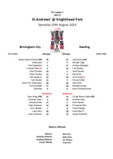 Birmingham City v Reading 10-08-24 League 1 Unofficial Team Sheet