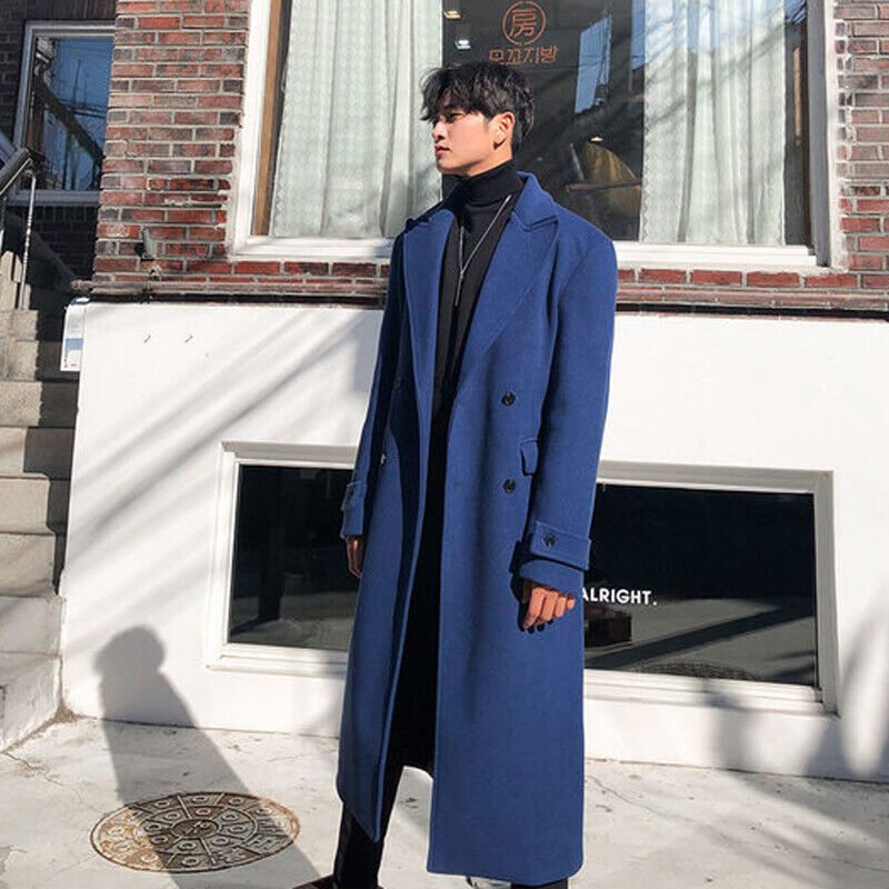 British Men Double Breasted Long Loose Fit Wool Blend Trench British Men Double Breasted Long Loose Fit Wool Blend Trench