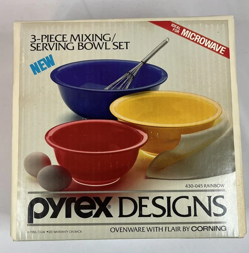 PYREX Designs 3 Piece 430-045 Rainbow Mixing Serving Bowl Set 1986 NIB!! Rare
